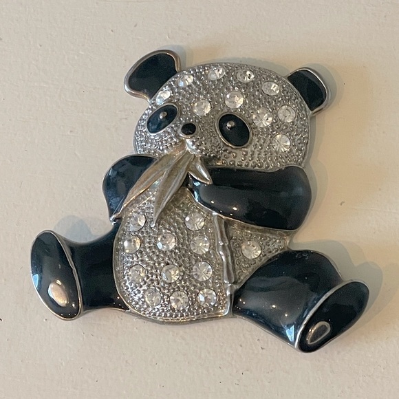 Vintage large 3" Enamel Panda Brooch Pin Crystal Rhinestone Bamboo - Picture 1 of 3
